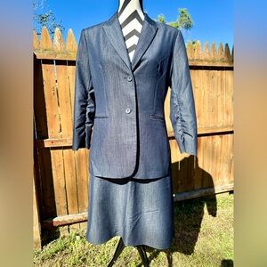 Calvin Klein Dark Blue Denim Blazer and Skirt Set with rouched sleeves